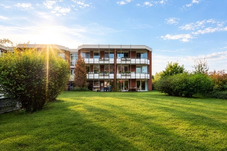 Blick über die großzügige Grünanlage zur Wohnung